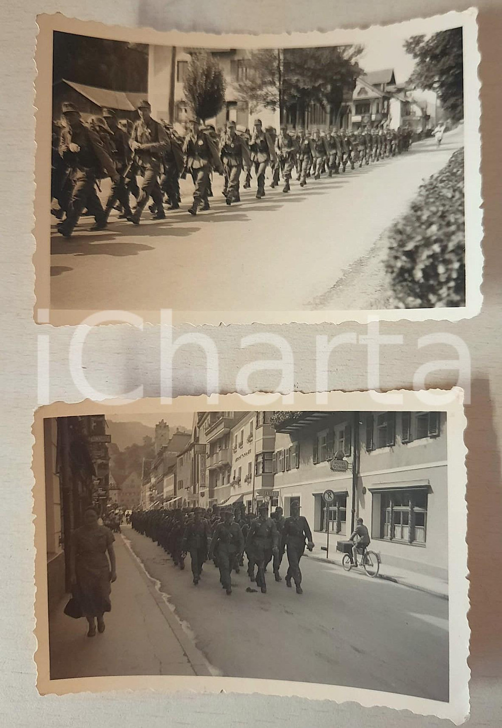 Fotografia d epoca originale 1935 ca FÜSSEN/ BAVIERA Passaggio truppe Wehrmacht  Reichenstraße 2 foto 9x6 1