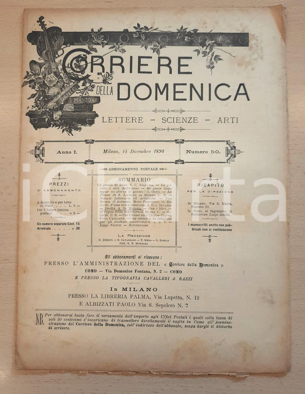 Giornale, rivista storica 1890 CORRIERE DELLA DOMENICA La chiesa di S. Lorenzo a Milano Anno I n° 50 1