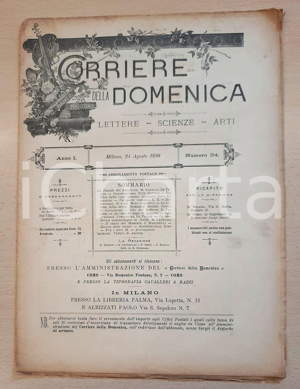 Giornale, rivista storica 1890 CORRIERE DELLA DOMENICA La Teseide del Boccaccio Anno I n° 34 1