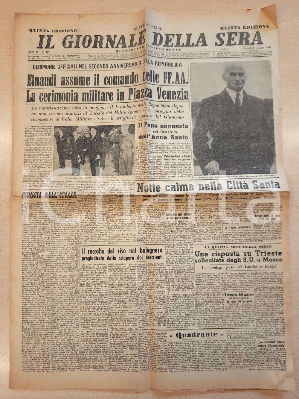 Giornale, rivista storica 1948 IL GIORNALE DELLA SERA Cerimonie per 2° anniversario Repubblica  Einaudi 1