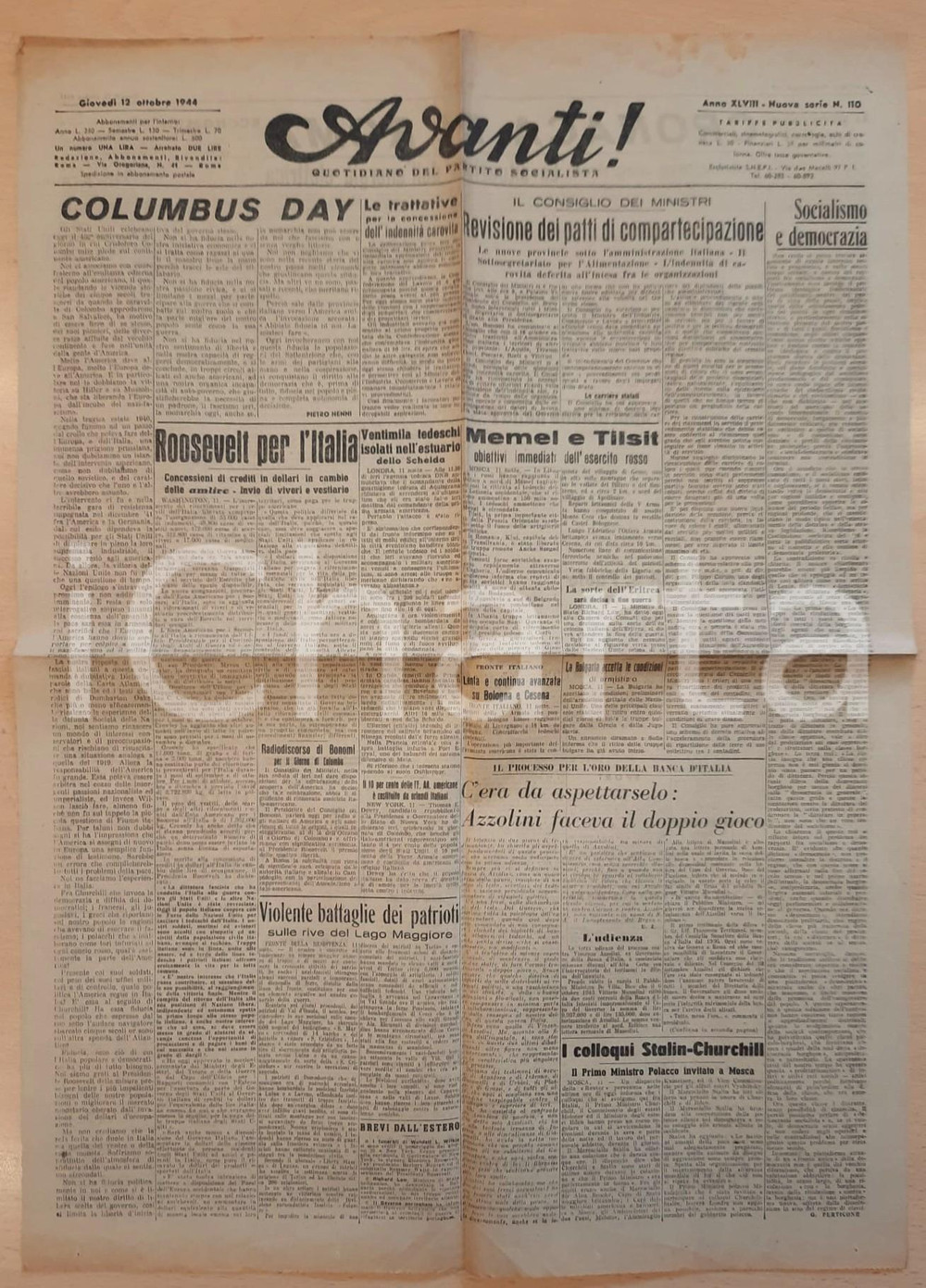 Giornale, rivista storica 1944 AVANTI! Processo contro Vincenzo Azzolini  Pietro Nenni sul Columbus Day 1