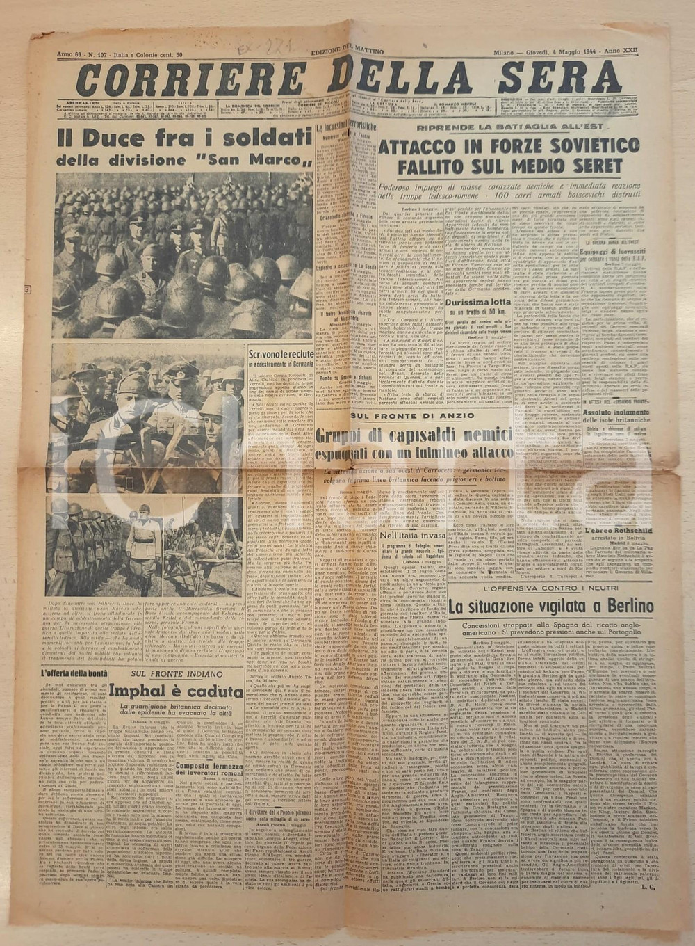 Giornale, rivista storica 1944 RSI WW2 CORRIERE DELLA SERA Il Duce fra i soldati della divisione SAN MARCO 1