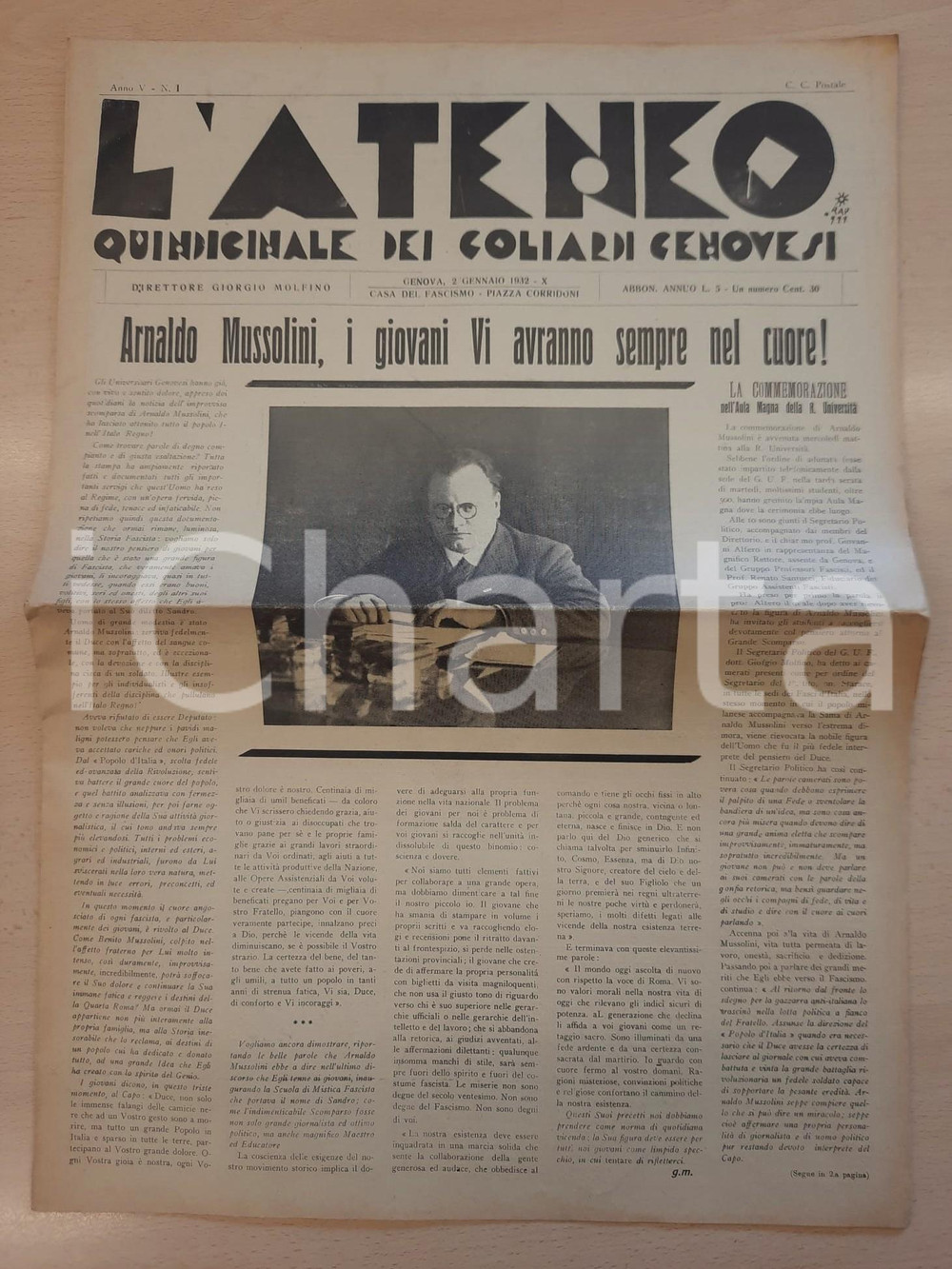 Giornale, rivista storica 1932 GOLIARDIA GENOVA  L ATENEO Commemorazione di Arnaldo Mussolini Giornale 1