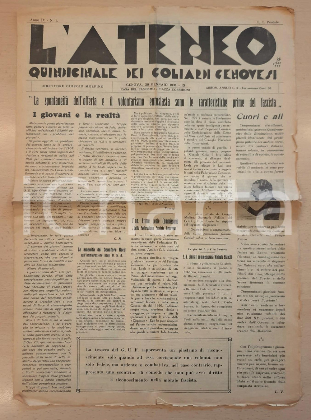 Giornale, rivista storica 1931 GOLIARDIA GENOVA  L ATENEO Pittura avanguardista alla Galleria Vitelli 1