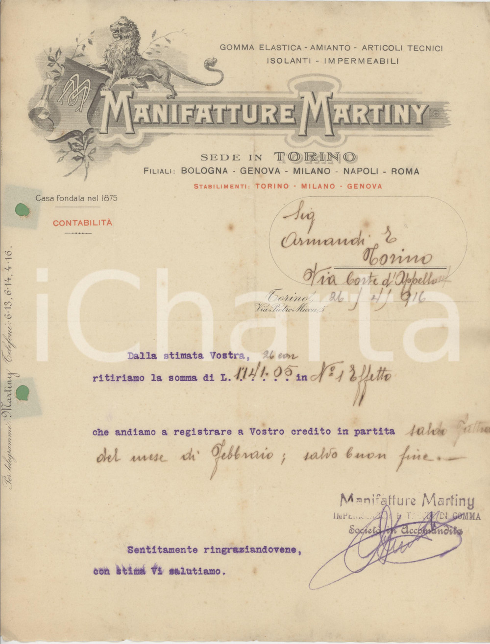 Documento originale, autentico 1916 TORINO Via Pietro Micca 5 Manifattura MARTINY Lettera commerciale 1