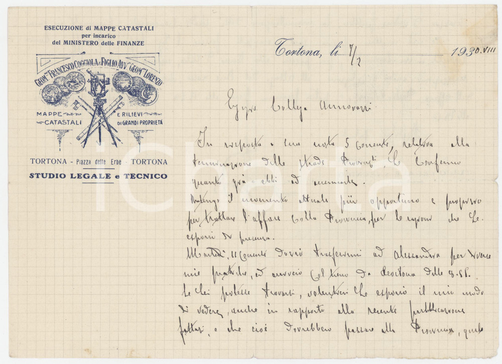 Documento originale, autentico 1930 TORTONA Piazza delle erbe  Geometra Francesco e Lorenzo COGGIOLA Lettera 1