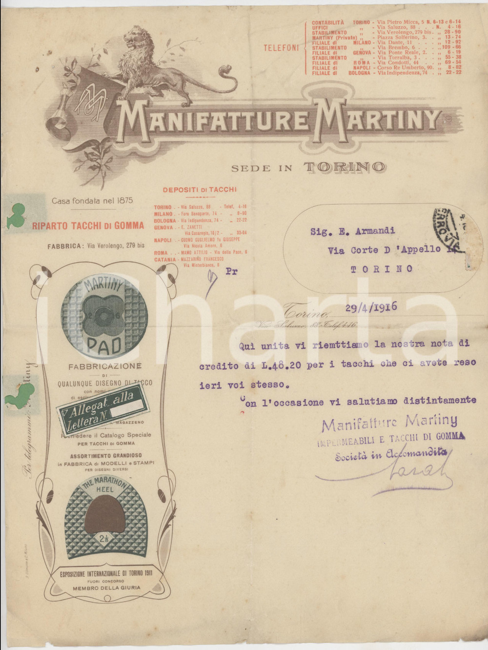Documento originale, autentico 1916 TORINO Via Saluzzo 88 Manifattura MARTINY Reparto tacchi di gomma  Lettera 1