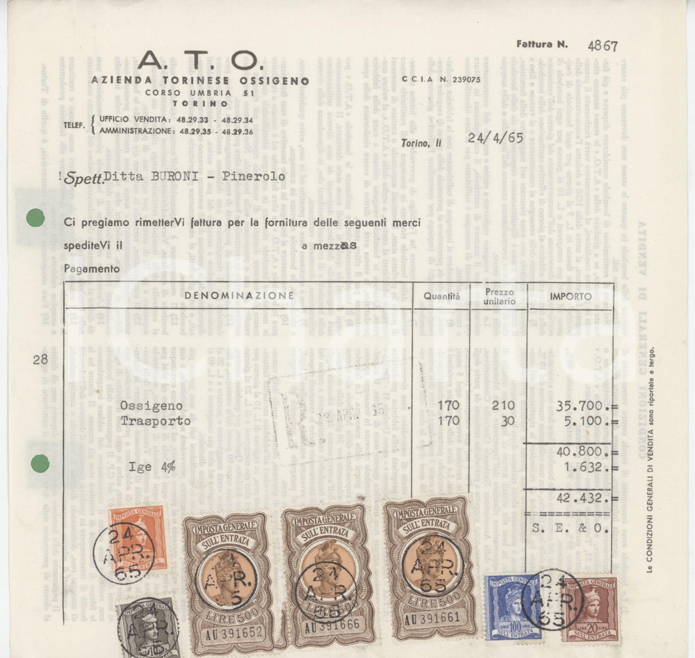Documento originale, autentico 1965 TORINO Corso Umbria 51  A.T.O. Azienda Torinese Ossigeno  Fattura 5 1