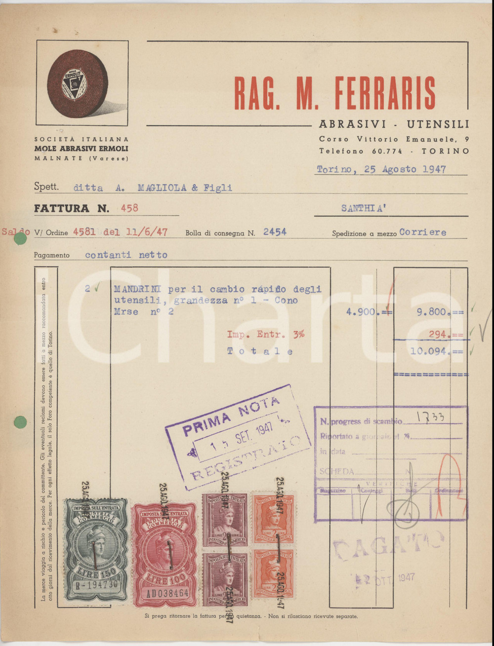 Documento originale, autentico 1944 TORINO Corso Vittorio Emanuele 9 Rag. M. FERRARIS Fattura per mandrini 1