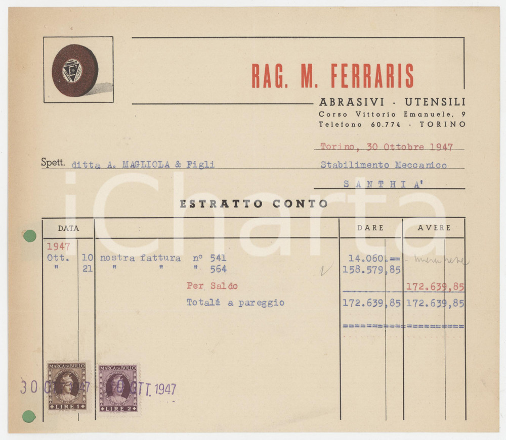 Documento originale, autentico 1947 TORINO Corso Vittorio Emanuele 9 Rag. M. FERRARIS Estratto conto 22x19 cm 1
