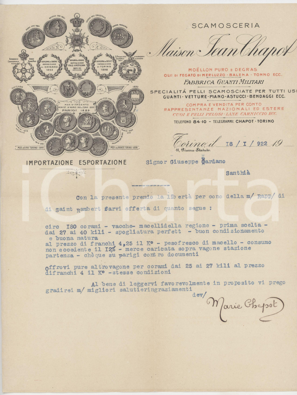 Documento originale, autentico 1922 TORINO Piazza Statuto 13 Maison Jean CHAPOT Scamosceria  Lettera 1 1