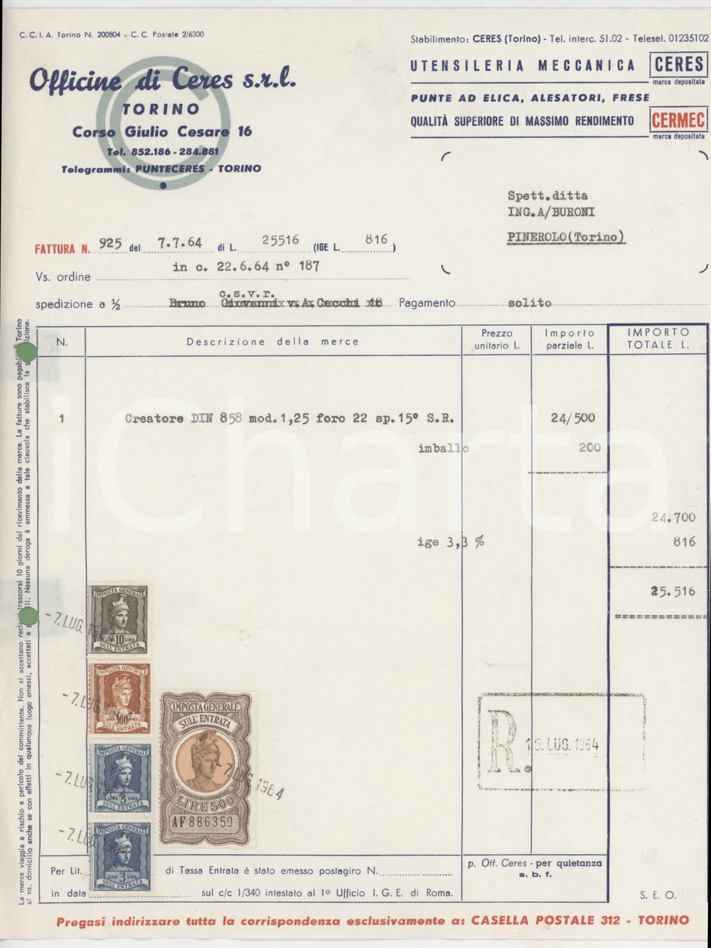 Documento originale, autentico 1964 TORINO Corso Giulio Cesare 16  OFFICINE DI CERES Fattura creatore DIN 858 1
