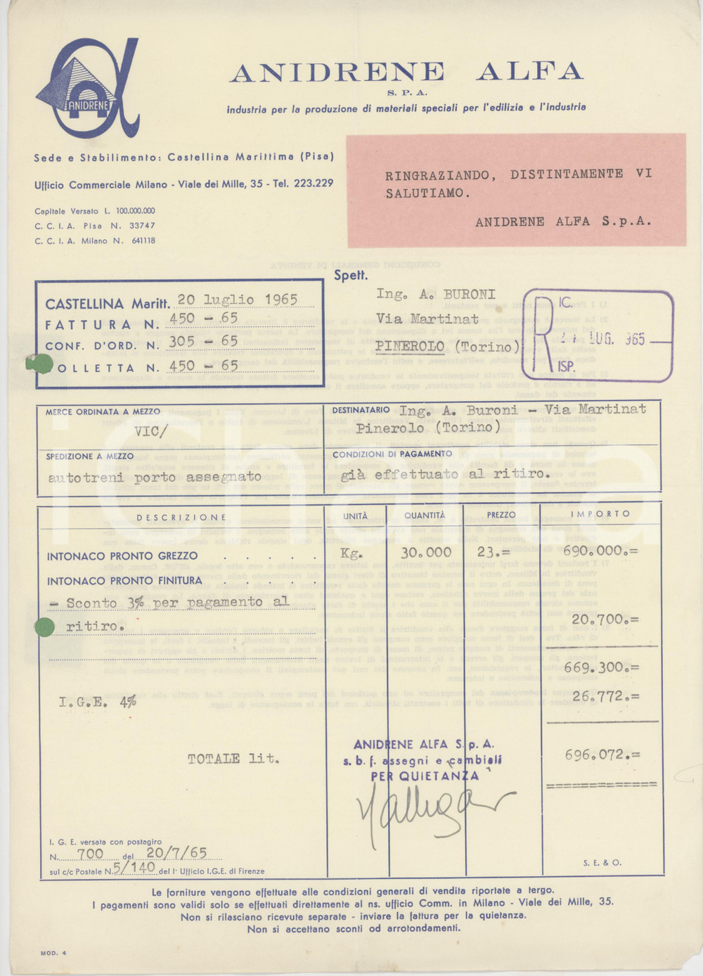 Documento originale, autentico 1965 CASTELLINA MARITTIMA Industria ANDIRENE ALFA Fattura per intonaco grezzo 1