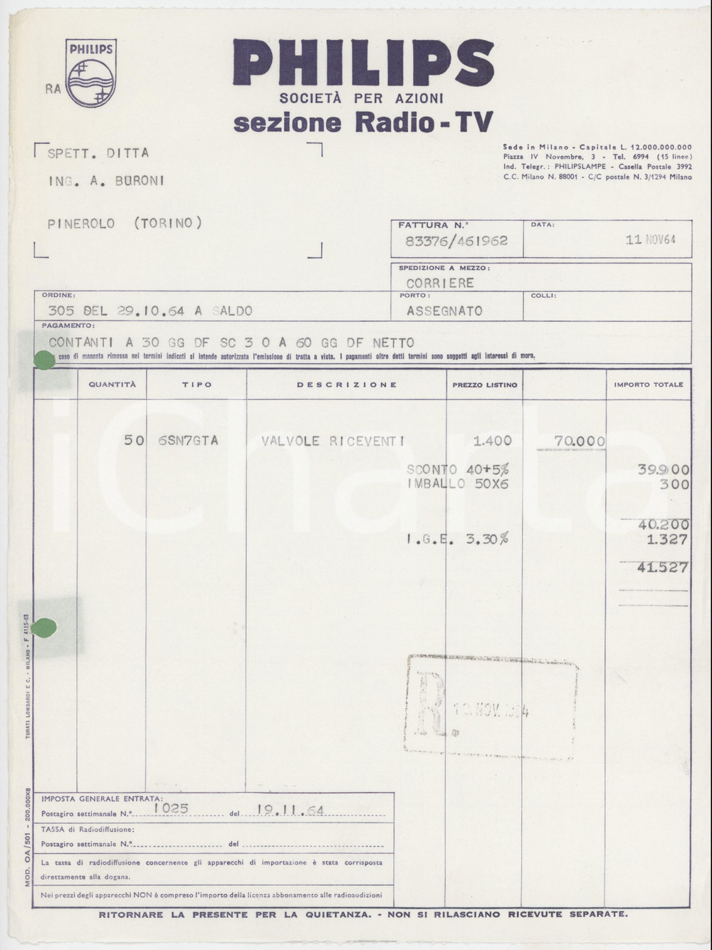 Documento originale, autentico 1964 MILANO Piazza IV Novembre 3 PHILIPS Sezione radio tv  Fattura per valvole 1