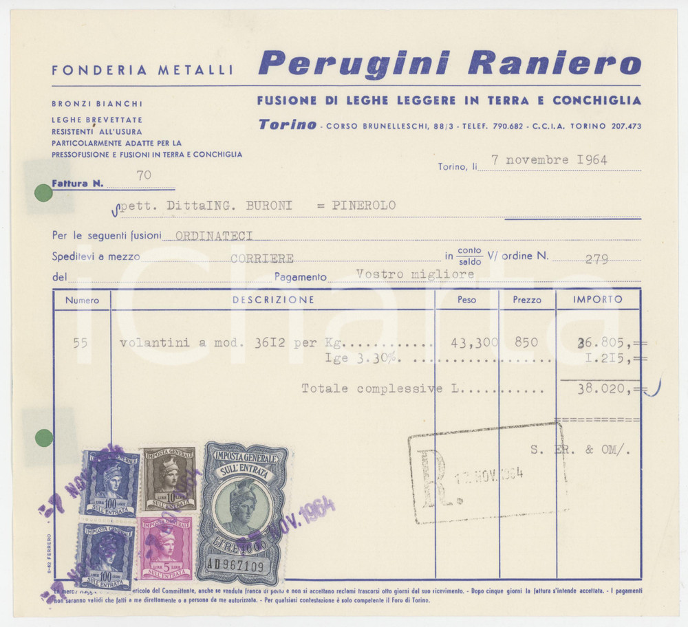 Documento originale, autentico 1964 TORINO Corso Brunelleschi 88/3 Fonderia Raniero PERUGINI Fattura 22x20 cm 1 1