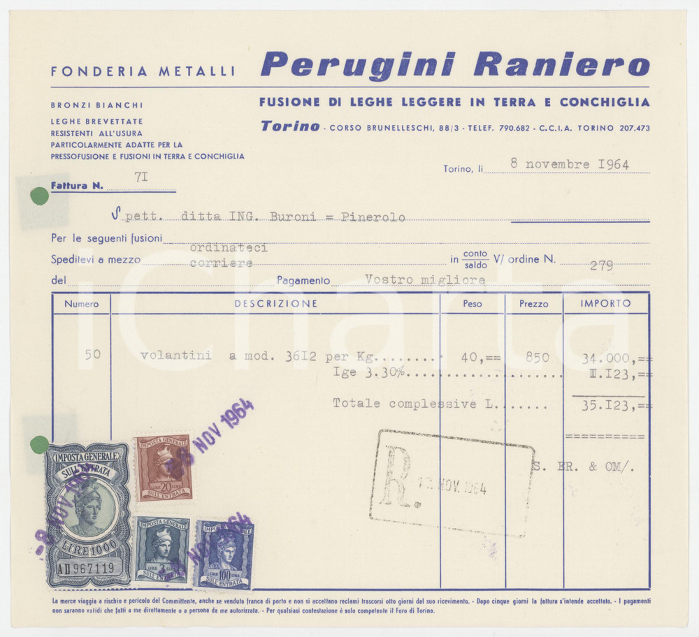 Documento originale, autentico 1964 TORINO Corso Brunelleschi 88/3 Fonderia Raniero PERUGINI Fattura 22x20 cm 2 1