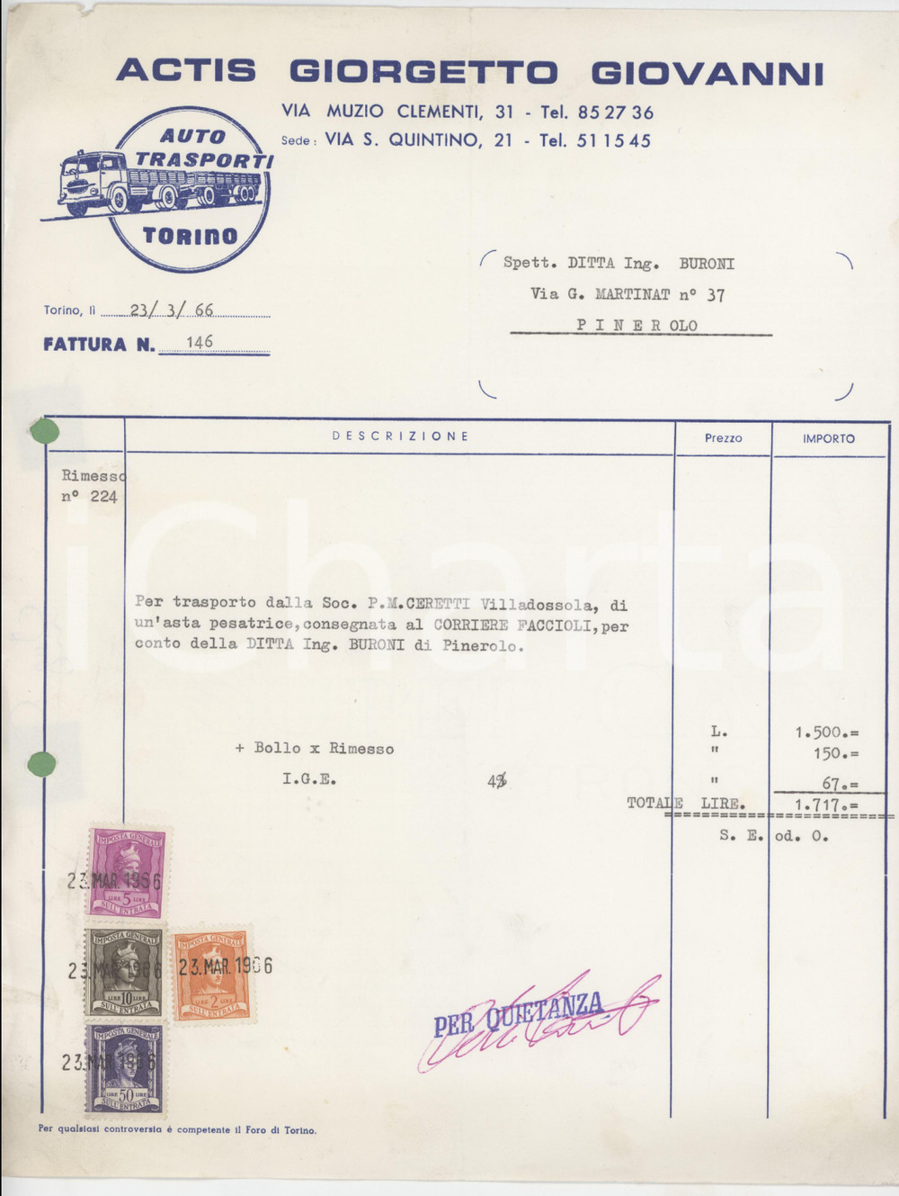 Documento originale, autentico 1966 TORINO Via Muzio Clementi 31 Autotrasporti ACTIS Giovanni GIORGETTO Fattura 1