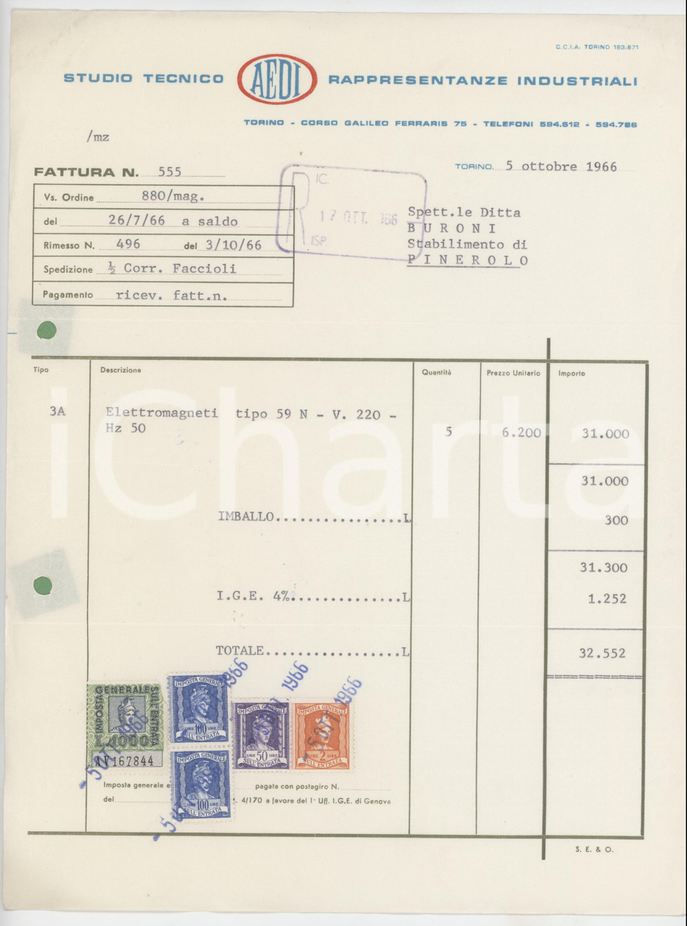 Documento originale, autentico 1966 TORINO Corso Galileo Ferraris 75 Studio tecnico AEDI Fattura elettromagneti 1