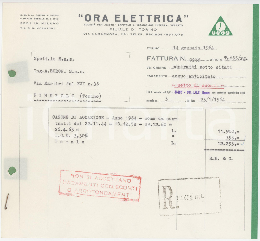 Documento originale, autentico 1964 TORINO Via Lamarmora 28 Società ORA ELETTRICA Fattura per canone locazione 1