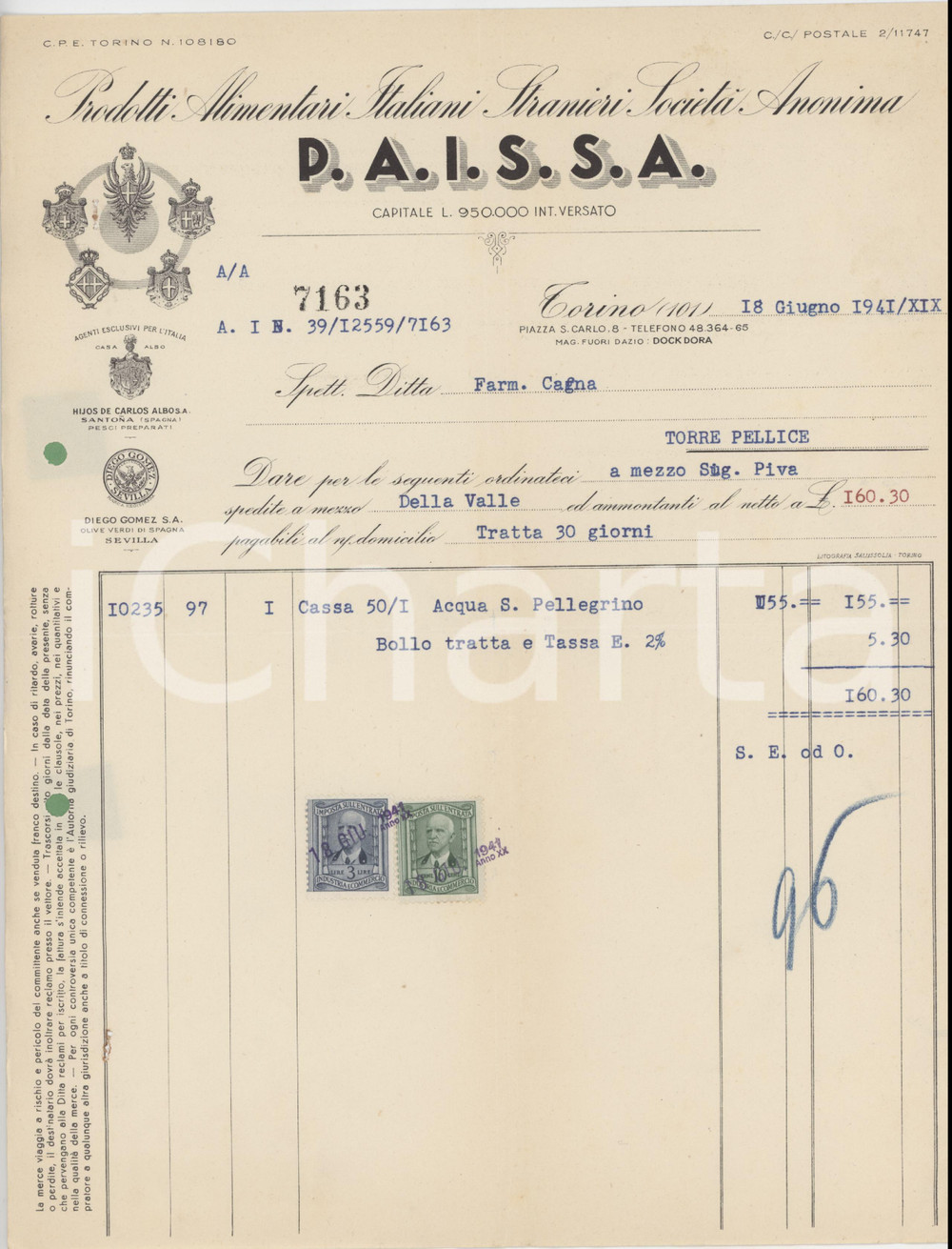 Documento originale, autentico 1941 TORINO Piazza San Carlo 8 PAISSA Fattura bottiglie acqua SAN PELLEGRINO 1 1