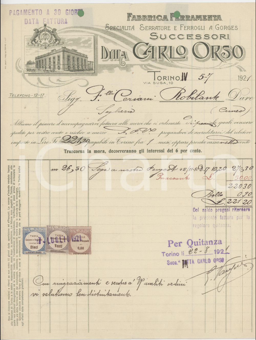 Documento originale, autentico 1921 TORINO Via Susa 10 Ferramenta Carlo ORSO Fattura per sega a nastro PEUGEOT 1