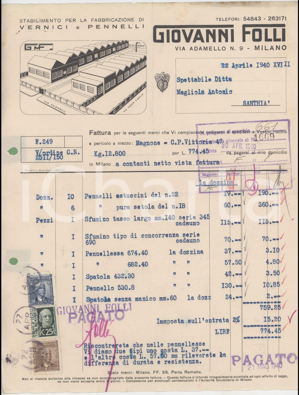 Documento originale, autentico 1940 MILANO Via Adamello 9 Giovanni FOLLI Stabilimento vernici  Fattura 1 1