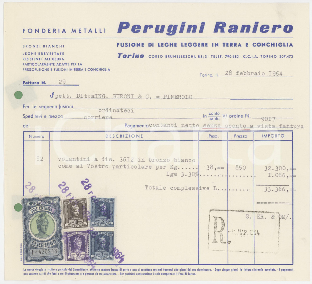 Documento originale, autentico 1964 TORINO Corso Brunelleschi 88/3 Fonderia Raniero PERUGINI Fattura 22x20 cm 1