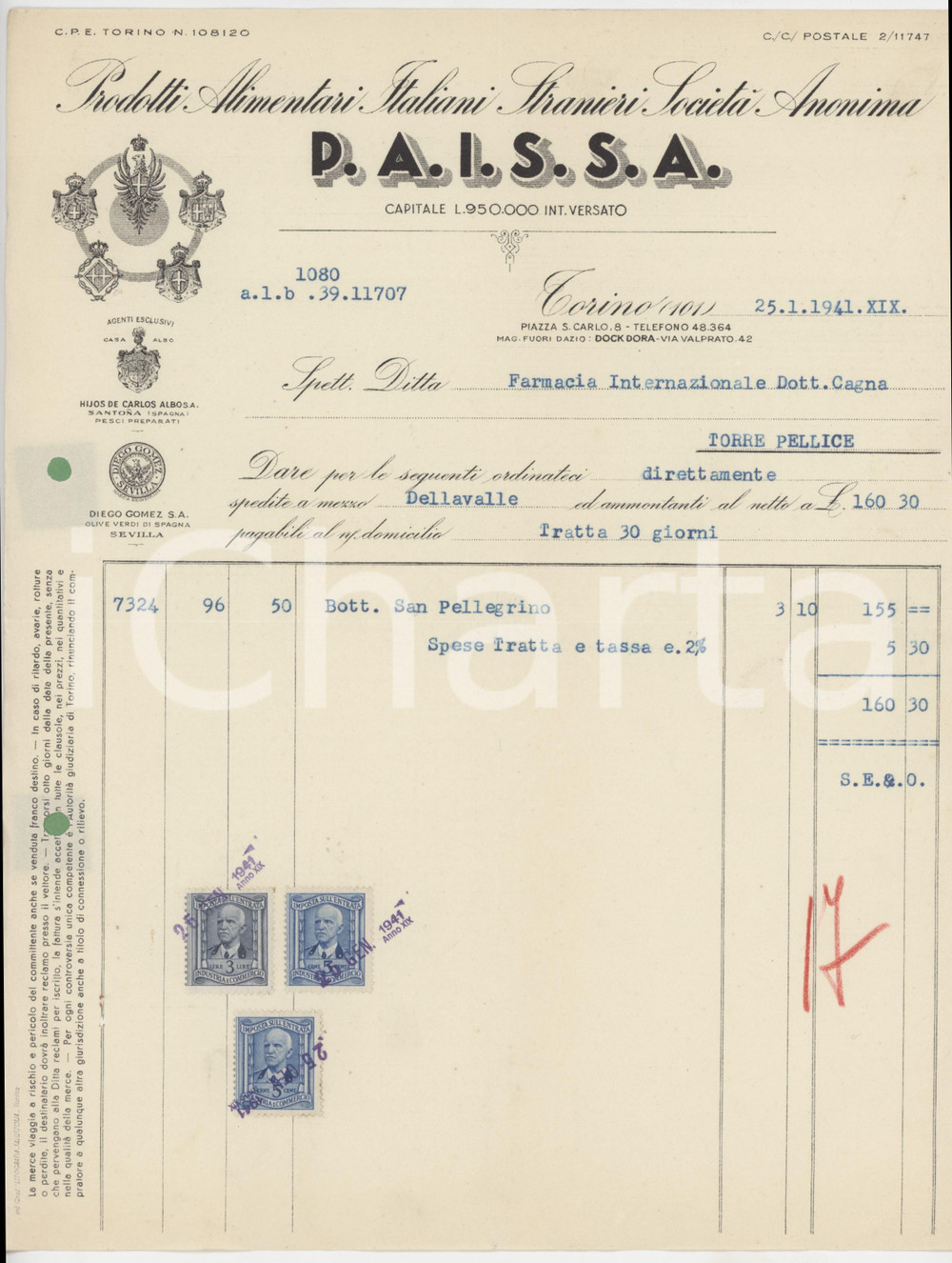 Documento originale, autentico 1941 TORINO Piazza San Carlo 8 PAISSA Fattura bottiglie acqua SAN PELLEGRINO 1