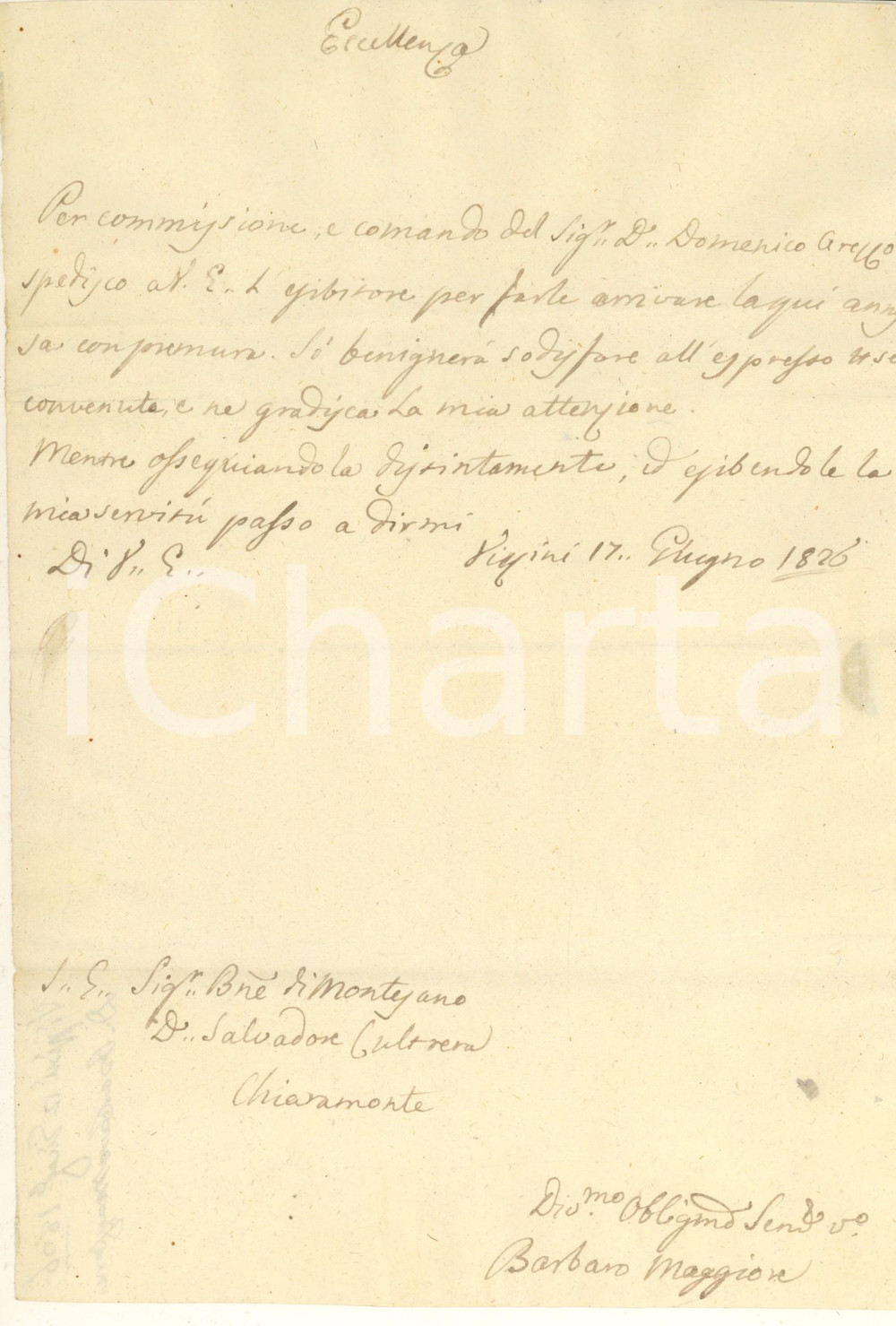 Manoscritto, lettera originale 1826 VIZZINI CT Barbaro MAGGIORE a don Salvatore CULTRERA per invio documenti 1