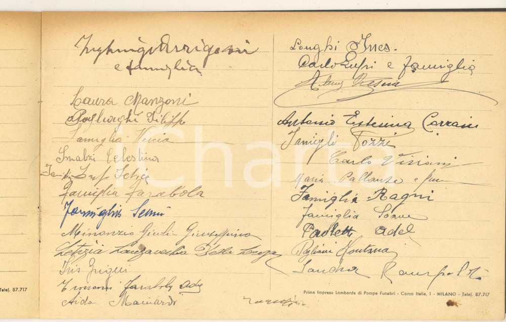 Documento originale, autentico 1940 ca MILANO Corso Italia 1 Impresa Pompe Funebri Registro firme funerale 1