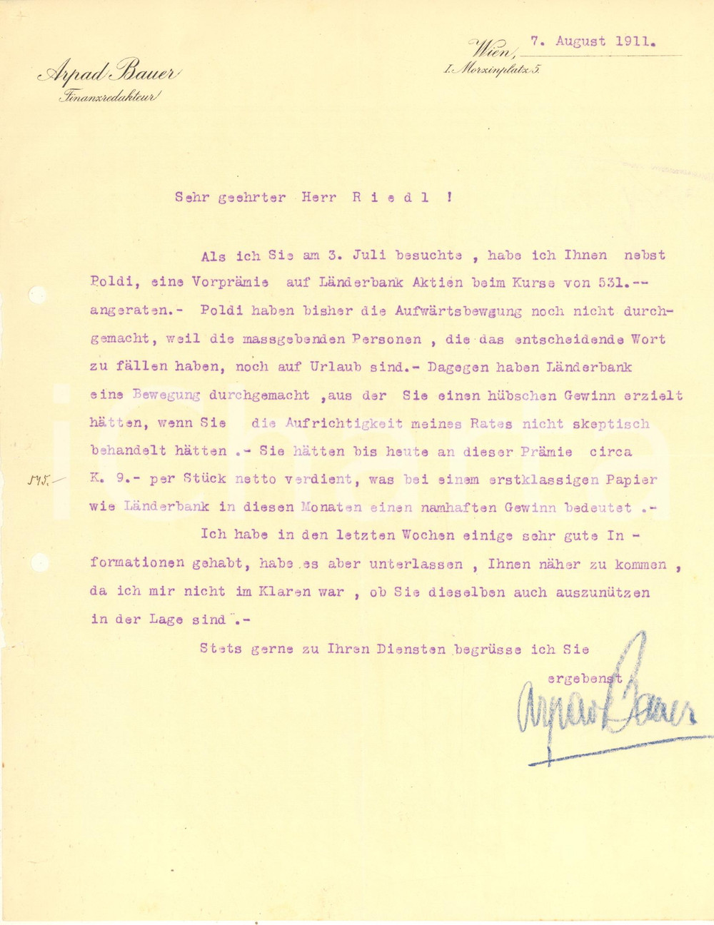 Documento originale, autentico 1911 WIEN Arpad BAUER Finanzredakteur  Lettera commerciale intestata 1
