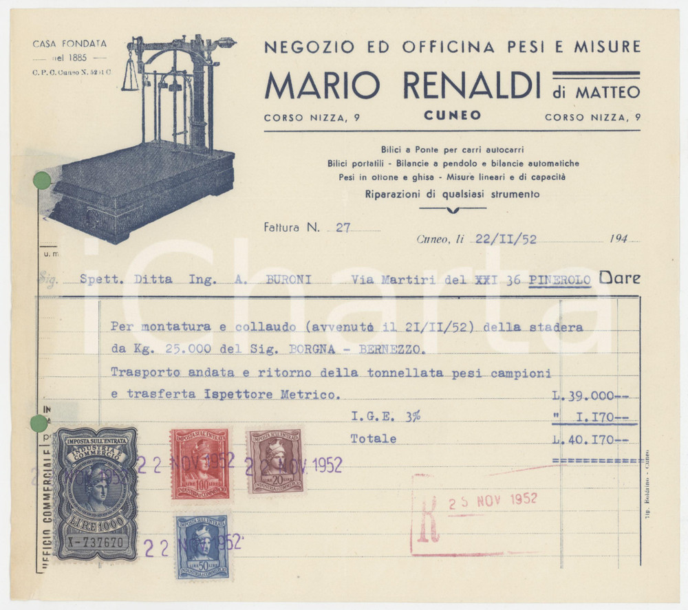 Documento originale, autentico 1952 CUNEO Corso Nizza 9 Bilance Mario RENALDI Fattura per collaudo stadera 1