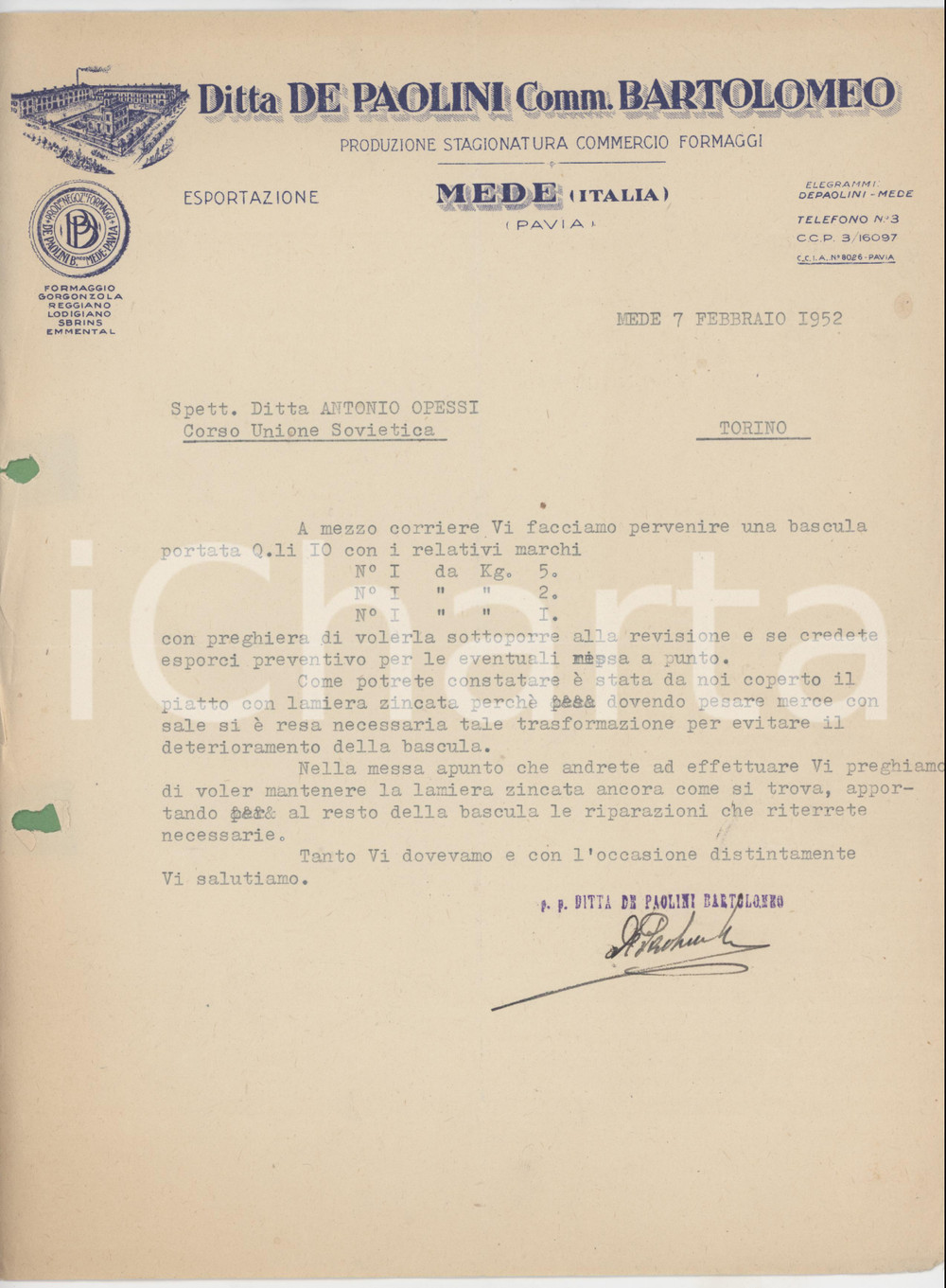 Documento originale, autentico 1952 MEDE Ditta Bartolomeo DE PAOLINI Produzione formaggi Lettera commerciale 1 1