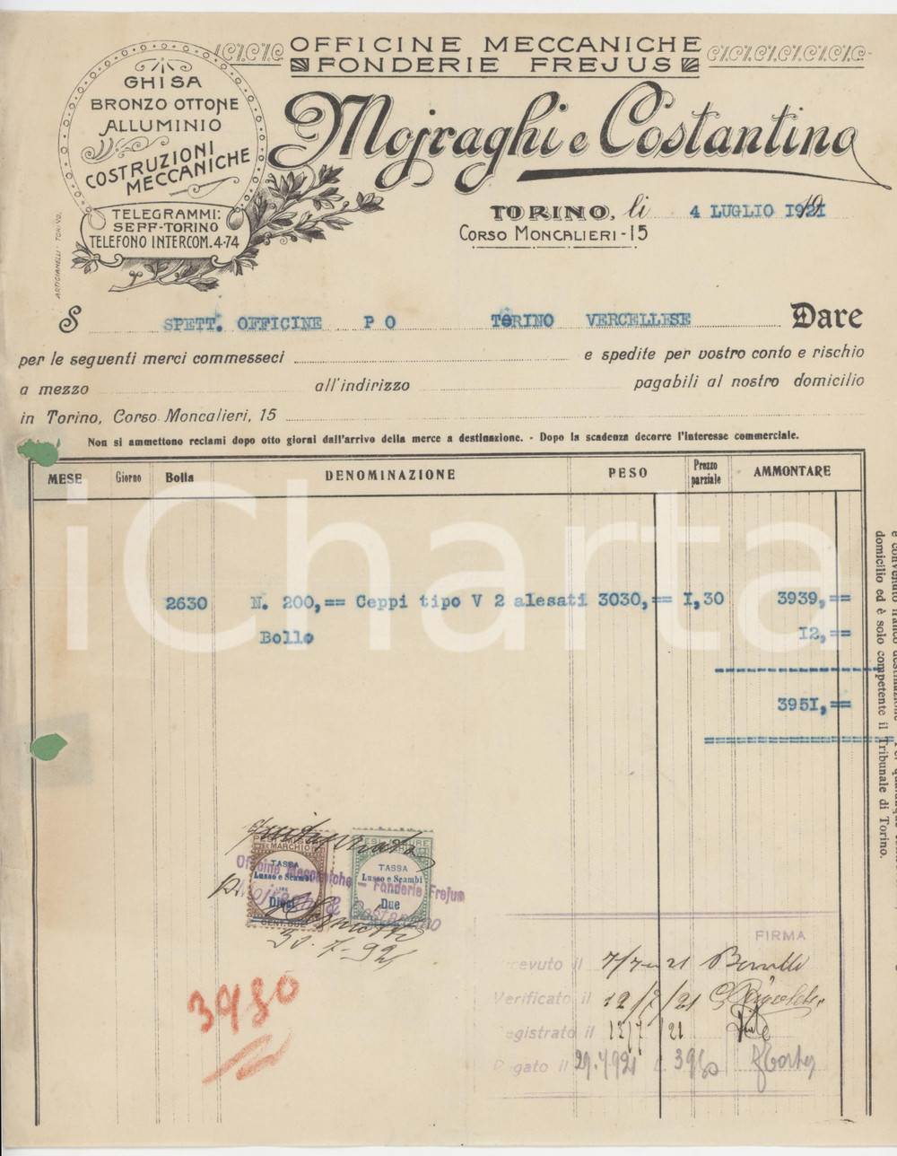 Documento originale, autentico 1921 TORINO Corso Moncalieri 15 Officine MOJRAGHI E COSTANTINO Fattura 1