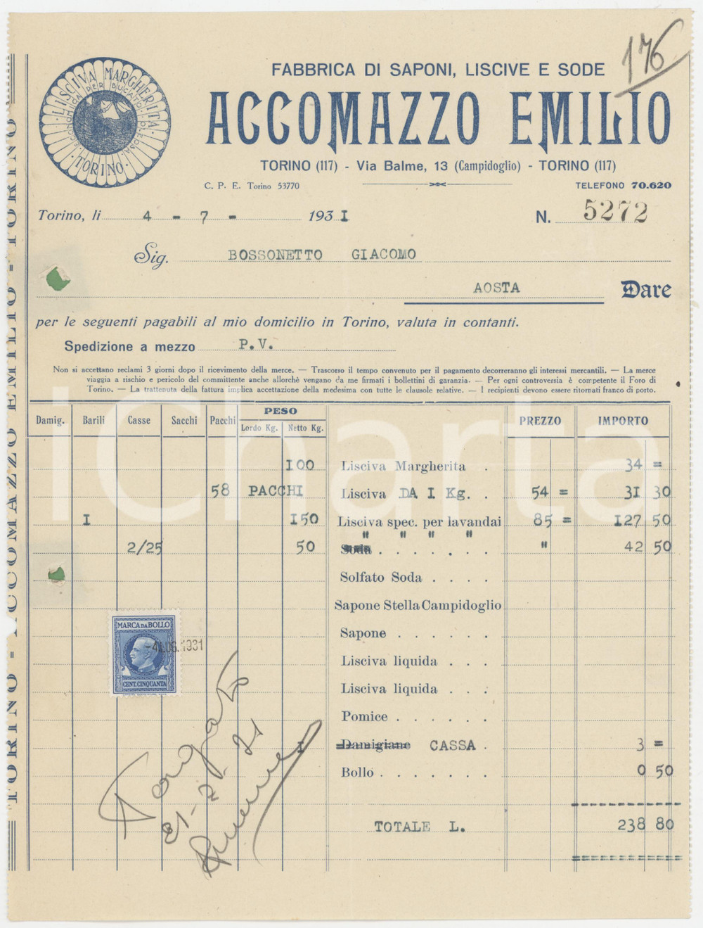 Documento originale, autentico 1931 TORINO Via Balme 13  Emilio ACCOMAZZO Fabbrica saponi Fattura per lisciva 1