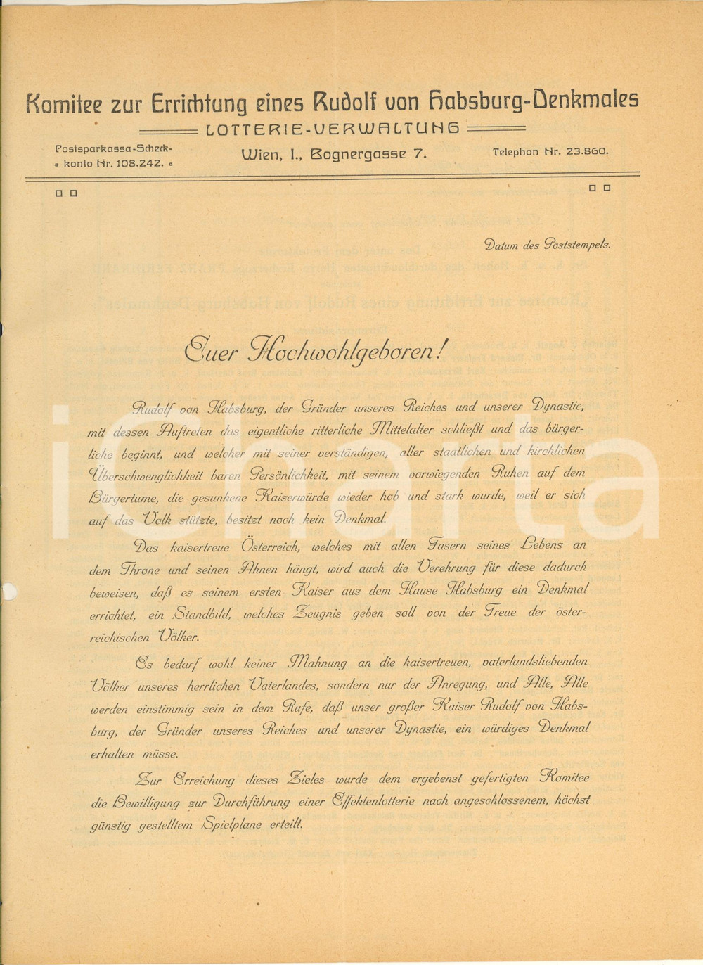 Documento originale, autentico 1910 ca WIEN Comitato per monumento a Rodolfo d Asburgo  Lotteria Lettera 1