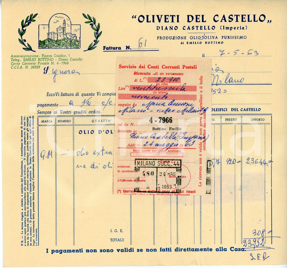 Documento originale, autentico 1963 DIANO CASTELLO Oliveti del castello di Emilio BOTTINO Fattura con ricevuta 1
