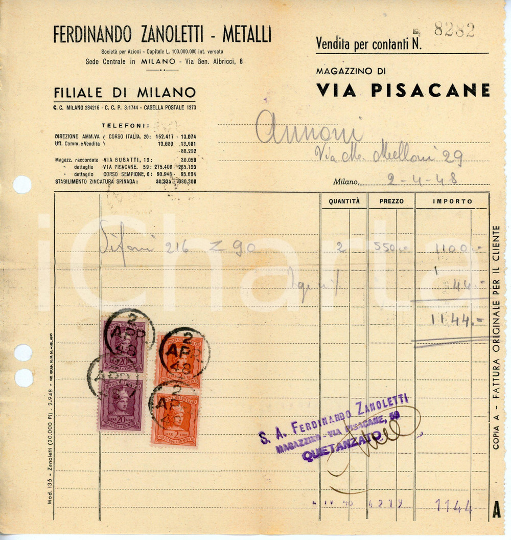 Documento originale, autentico 1948 MILANO Via Pisacane 59 Metalli Ferdinando ZANOLETTI Fattura 1