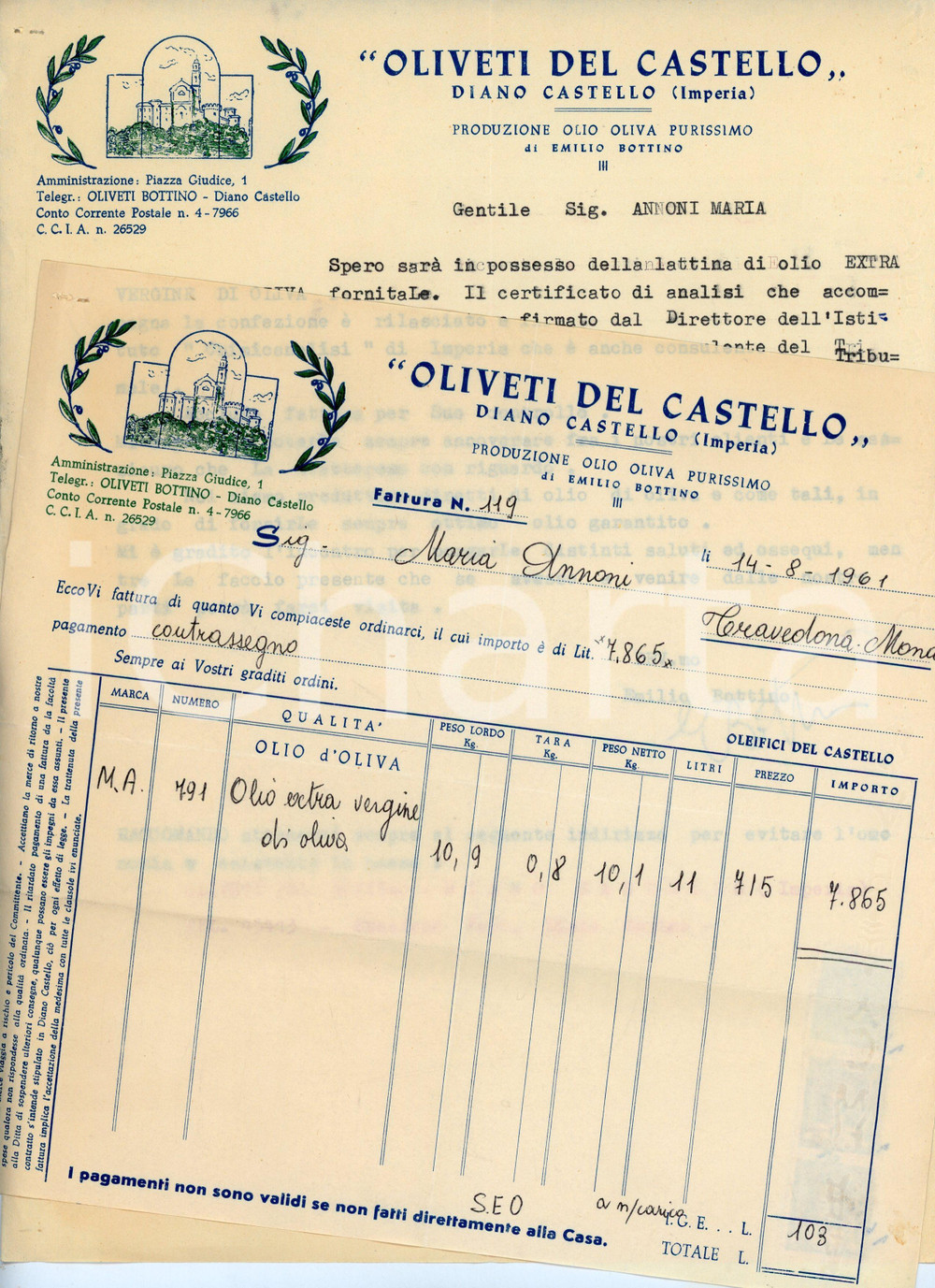 Documento originale, autentico 1961 DIANO CASTELLO Oliveti del castello  Lettera commerciale e fattura 1