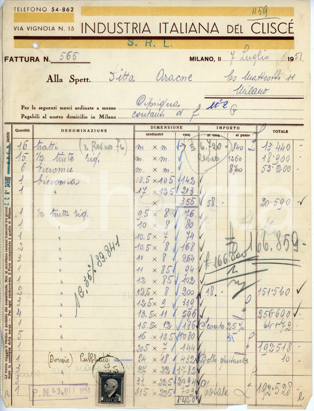 Documento originale, autentico 1951 MILANO Via Vignola 15 Industria Italiana del Cliscé  Fattura 1