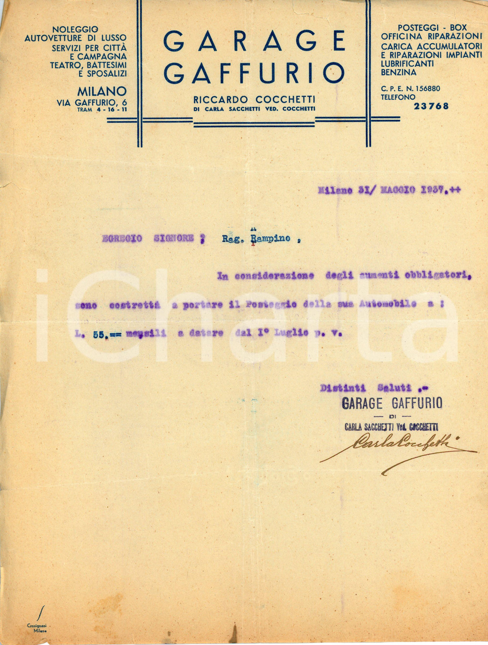 Documento originale, autentico 1937 MILANO Garage GAFFURIO di Riccardo COCCHETTI Lettera commerciale 1