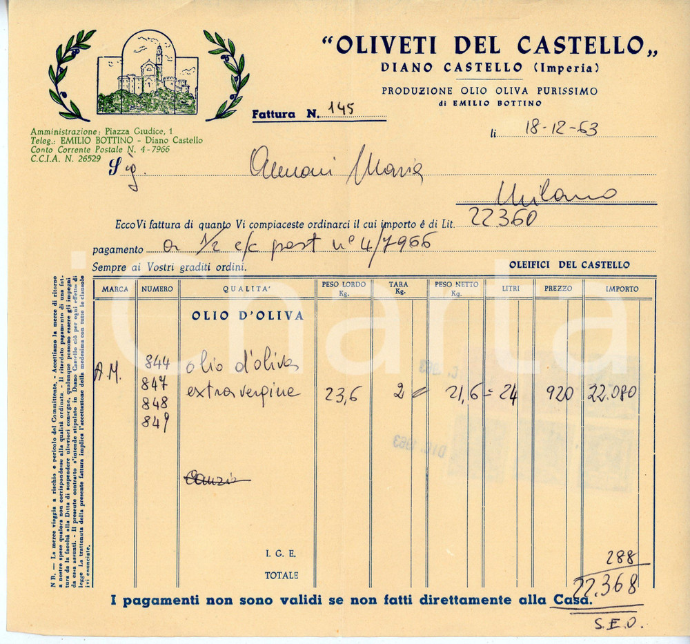 Documento originale, autentico 1963 DIANO CASTELLO Oliveti del castello di Emilio BOTTINO Fattura per olio EVO 1