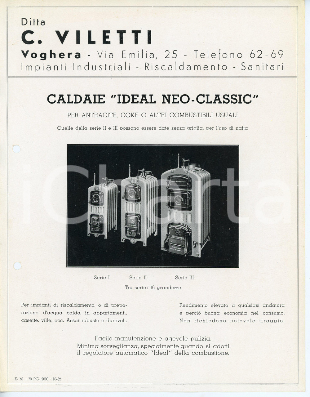 Materiale pubblicitario d’epoca 1935 ca VOGHERA Ditta C. VILETTI Caldaie IDEAL NEOCLASSIC Volantino ILLUSTRATO 1