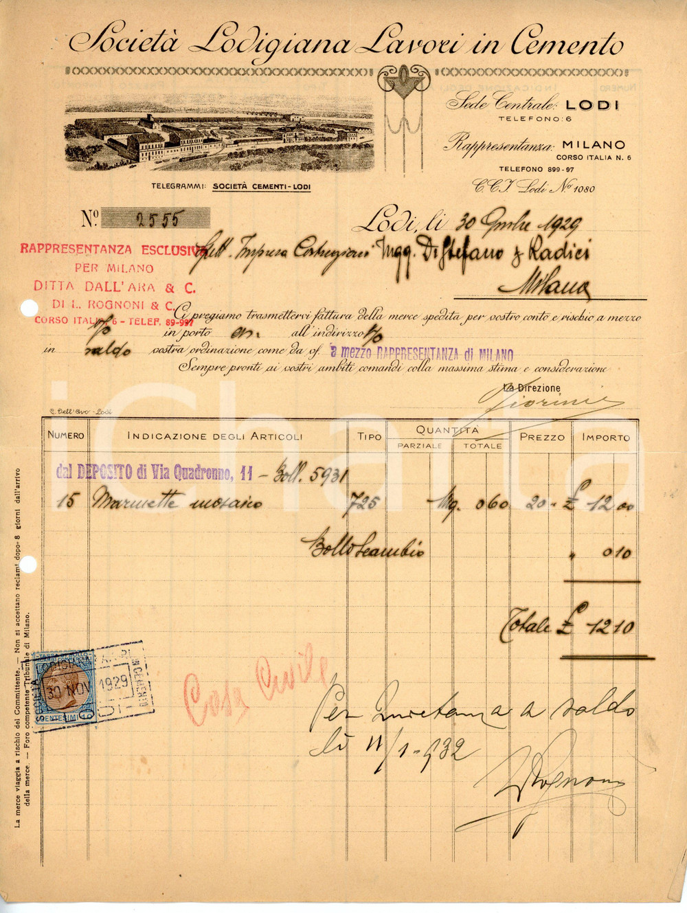 Documento originale, autentico 1929 LODI Società Lodigiana Lavori in Cemento  Fattura per mosaico 1