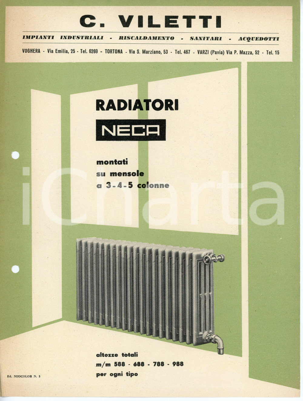 Materiale pubblicitario d’epoca 1950 ca VOGHERA Ditta C. VILETTI Radiatori NECA Volantino ILLUSTRATO 1