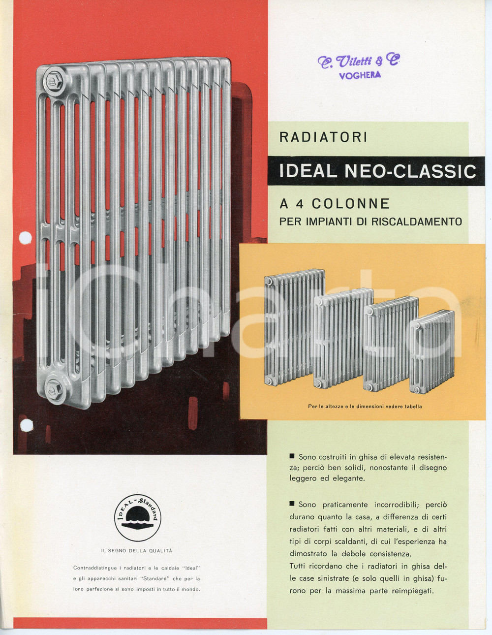Materiale pubblicitario d’epoca 1955 VOGHERA Ditta C. VILETTI Radiatori IDEAL NEOCLASSIC Volantino ILLUSTRATO 1