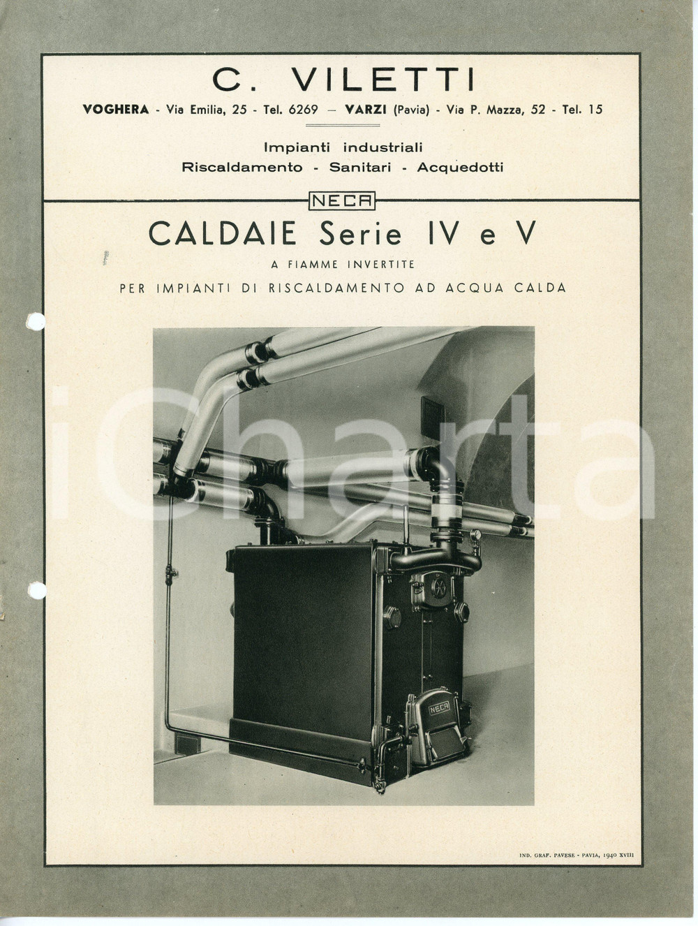 Materiale pubblicitario d’epoca 1940 ca VOGHERA Ditta C. VILETTI Caldaie Serie IV e V  Volantino ILLUSTRATO 1