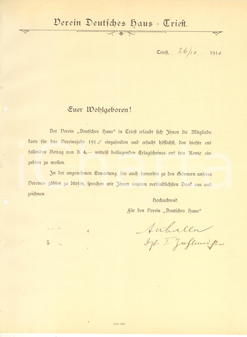 Documento originale, autentico 1910 TRIESTE Verein DEUTSCHES HAUS  Lettera per iscrizione e tessera 1