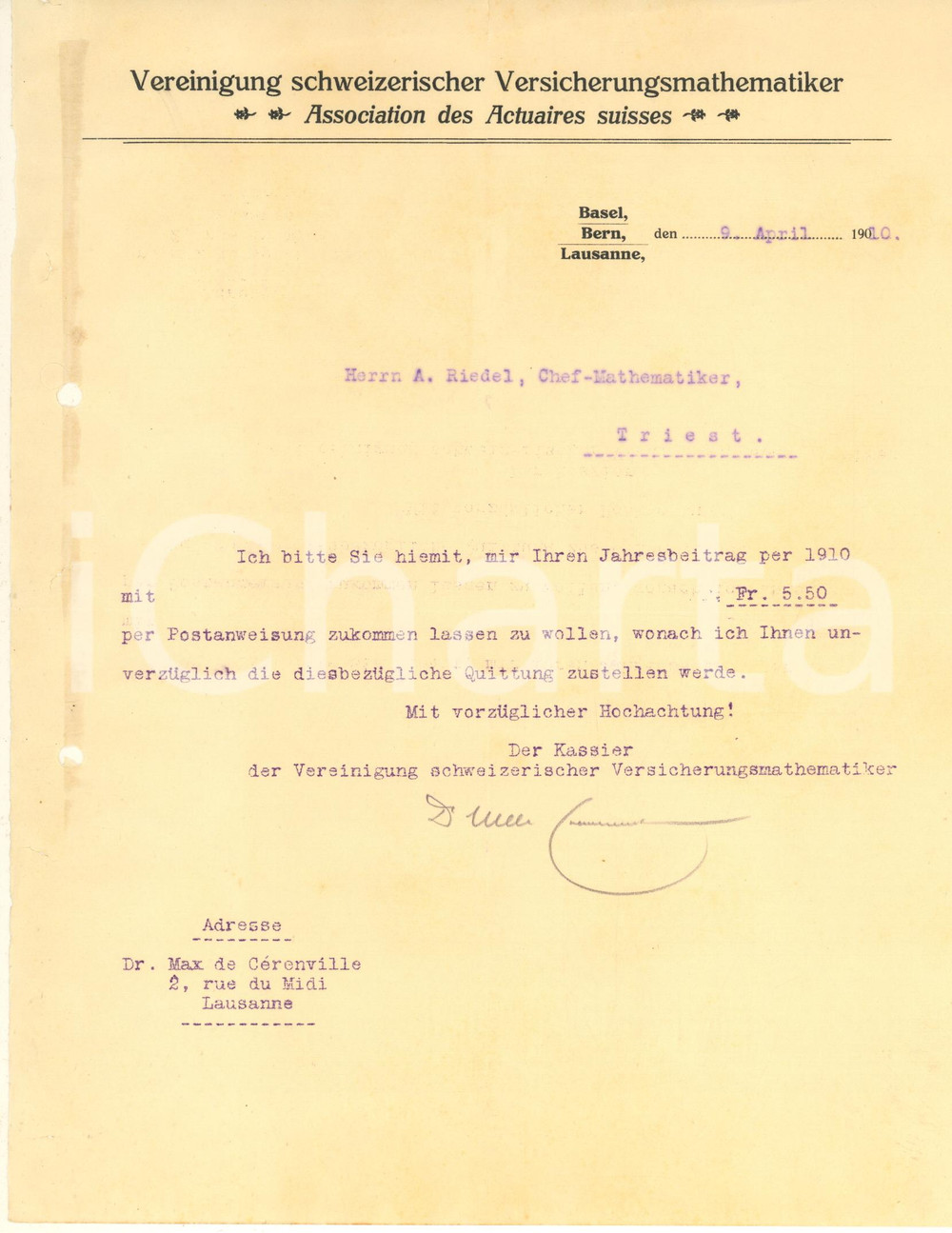 Documento originale, autentico 1910 LAUSANNE Association des Actuaires Suisse  Lettera sollecito iscrizione 1