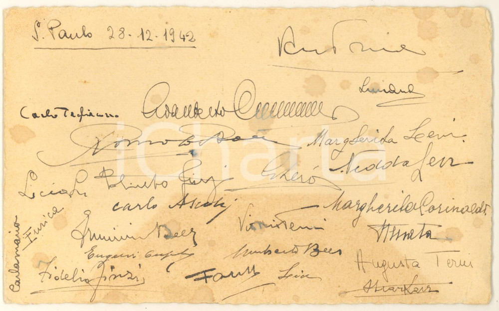 Documento originale, autentico 1942 SAO PAULO/ BRAZIL Nozze SORANIFINZI AUTOGRAFI ebrei italiani emigrati 1